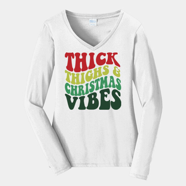 LPC450VLSBrightRedThickThighsChristmas - Ladies Long Sleeve Fan Favorite V Neck Tee Thumbnail